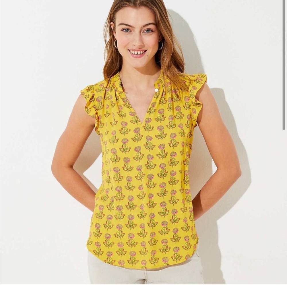 Loft Peony Ruffle Split Neck Top